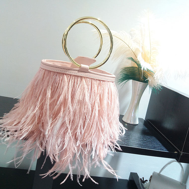 Ostrich Fur Tassel Metal Circle Handbag