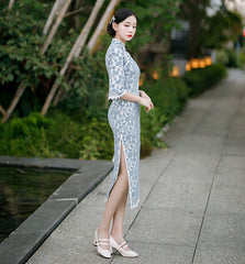 Vintage Print Pendulum Side Split Temperament Elegant Cheongsam Maxi Dress