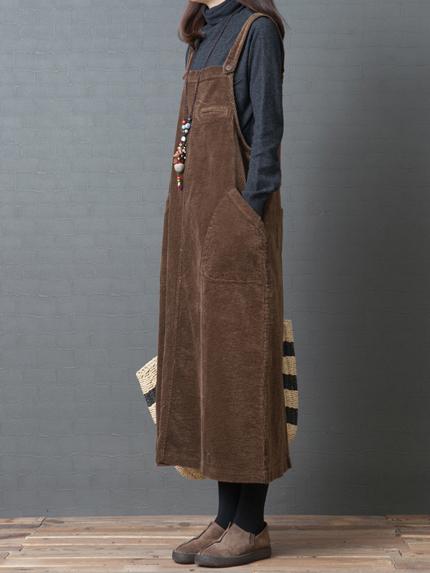 Casual Corduroy Long Suspender Skirt