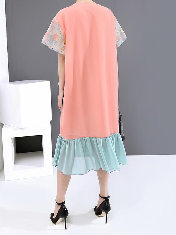 Loose Contrast Color Falbala Round Neck Dress