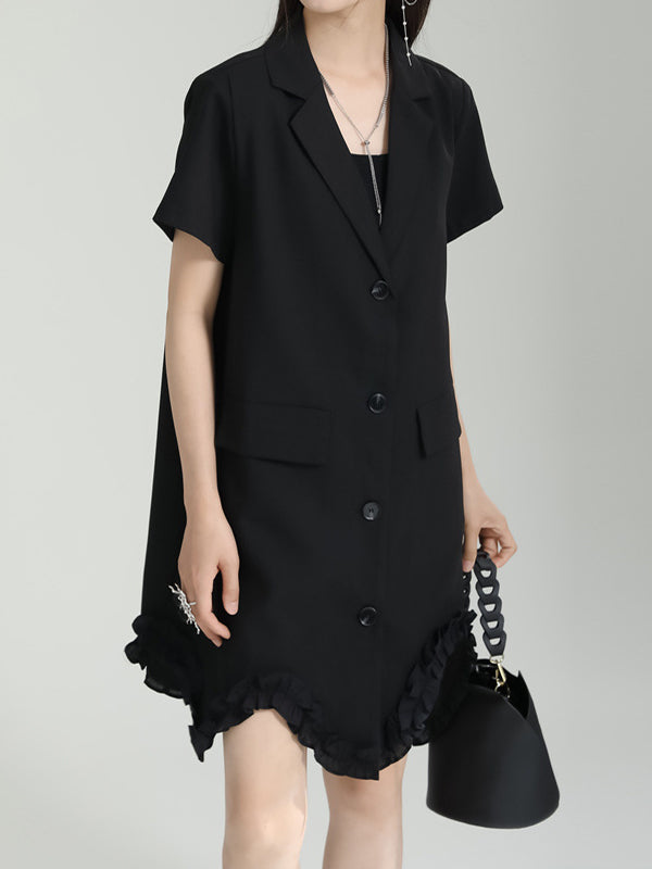Irregular Clipping Short Sleeves Pure Color Notched Collar Mini Dresses