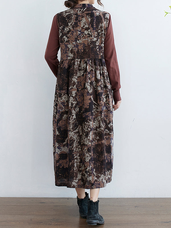 Retro Stitching Print Casual Midi Dress