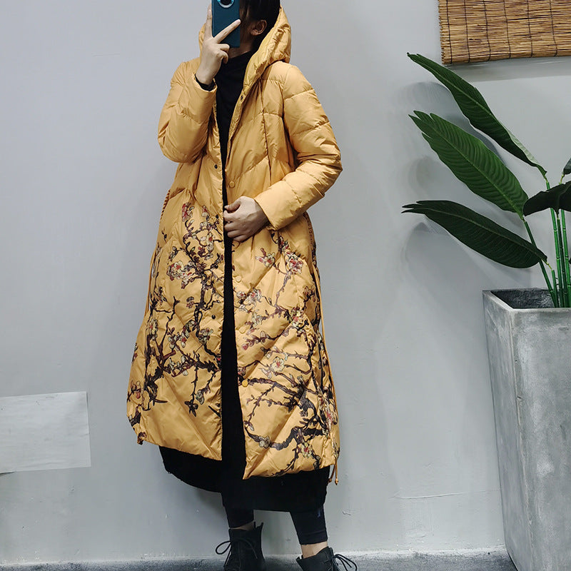 Casual Versatile Floral Print Hooded Coat