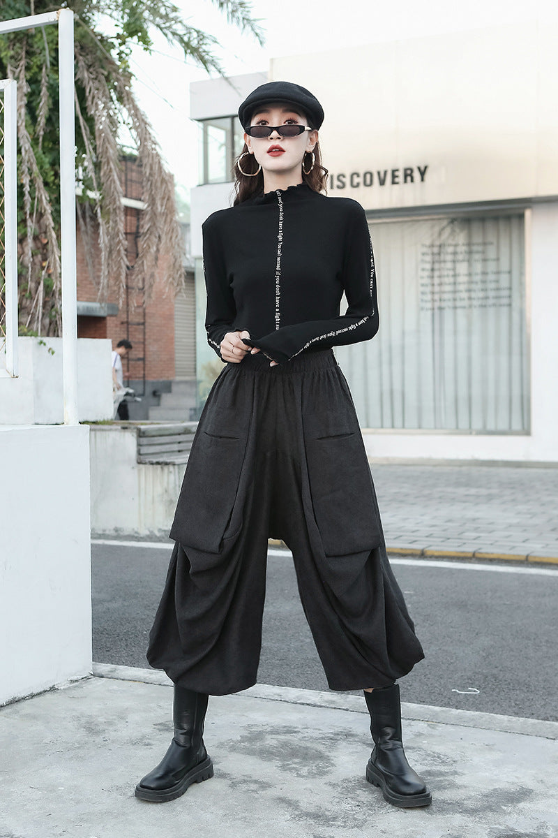 Women Irregular Stitching Wide Leg Pocket Casual Pants