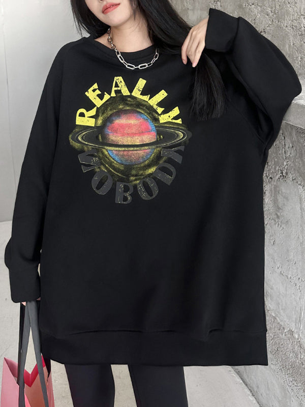 Stamped Split-Joint Long Sleeves Roomy Round-Neck Sweatershirt