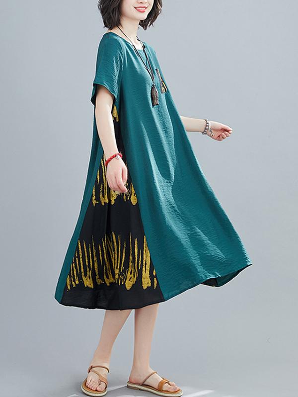 Loose Round Neck Printed Splicing Dress