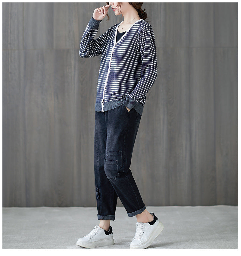 Women V-Neck Striped Sweater