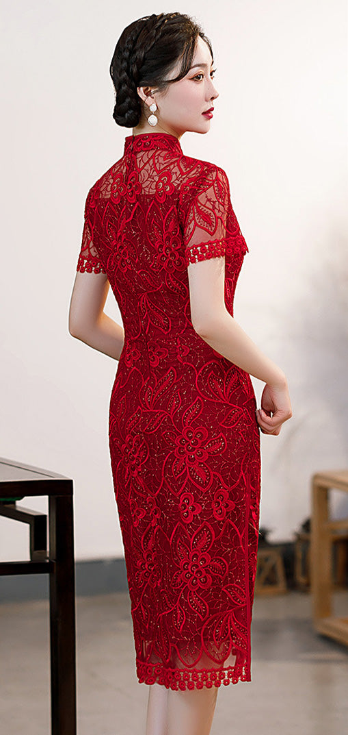 Sequin Hollowed Out Round Lapel Slim Fit Cheongsam With Low Slit Midi Dress