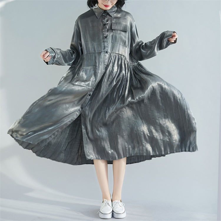 Lapel Solid Pleated Midi Dress