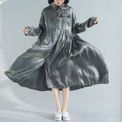 Lapel Solid Pleated Midi Dress