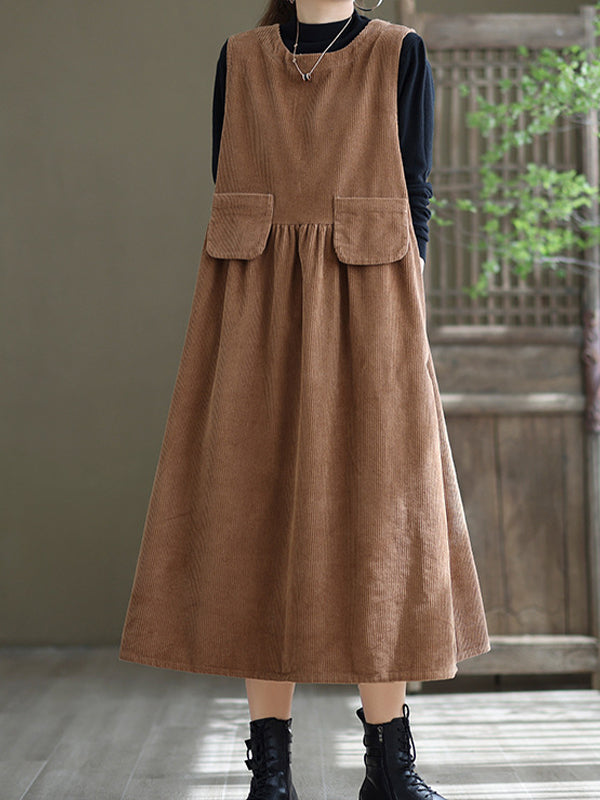 Round Neck Solid Loose Corduroy Midi Dress