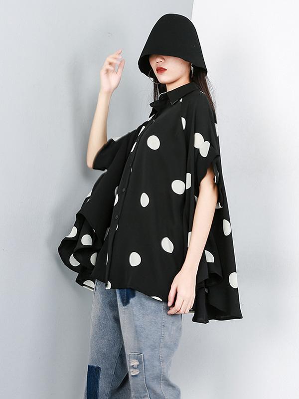 Polka-Dot Lapel Batwing Sleeve Blouse