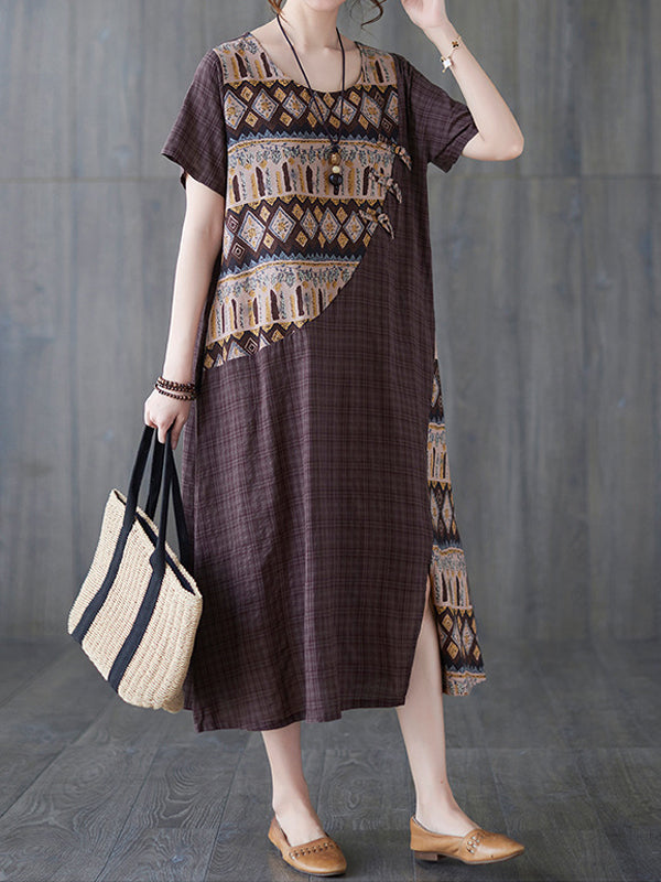 Retro Loose Thin Stitching Short Sleeve Dress
