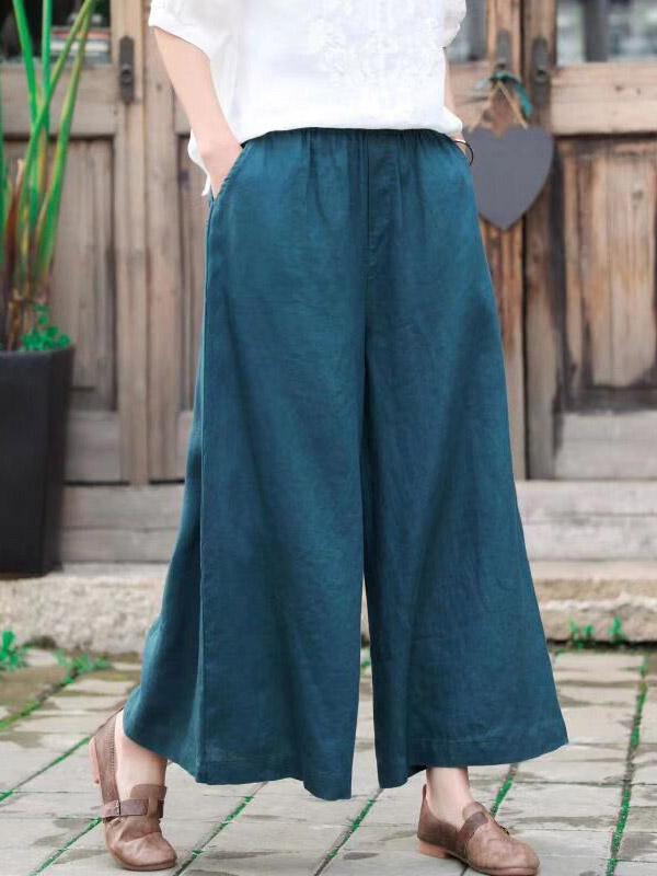 Vintage Linen Leisure Solid Wide-Leg Pants