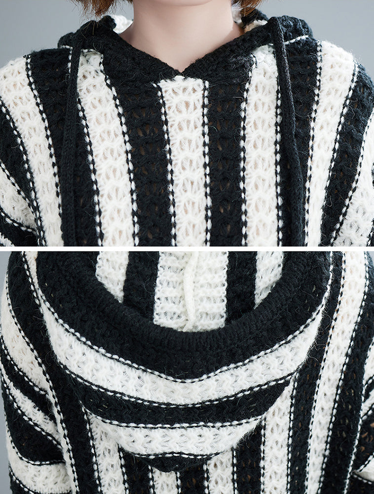 Loose Striped Hooded Knitted Mini Dress