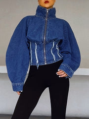 Urban Stand Collar Zipper High-Waist Denim Outerwear