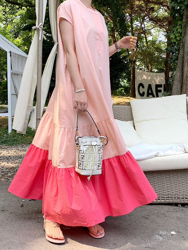 Retro Loose Thin Contrast Stitching Dress