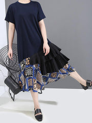 Splicing Cropped Floral Round Neck Dress