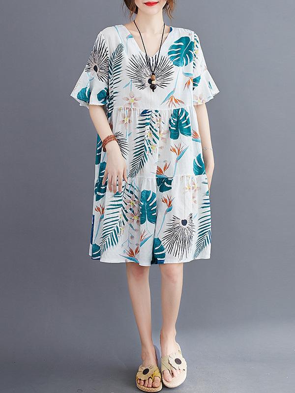 Fashion 2 Colors Printed V-Neck Dress