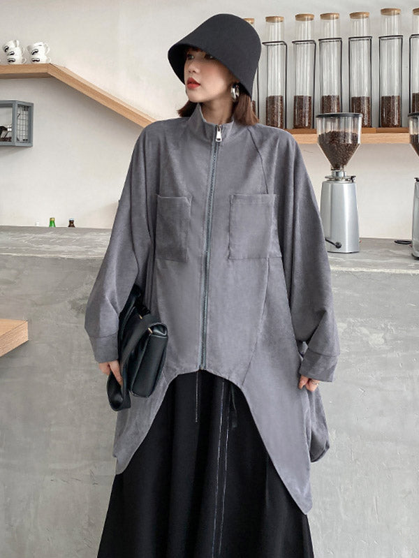 Casual Batwing Sleeves Roomy Drawstring Zipper Stand Collar Jackets&Coats