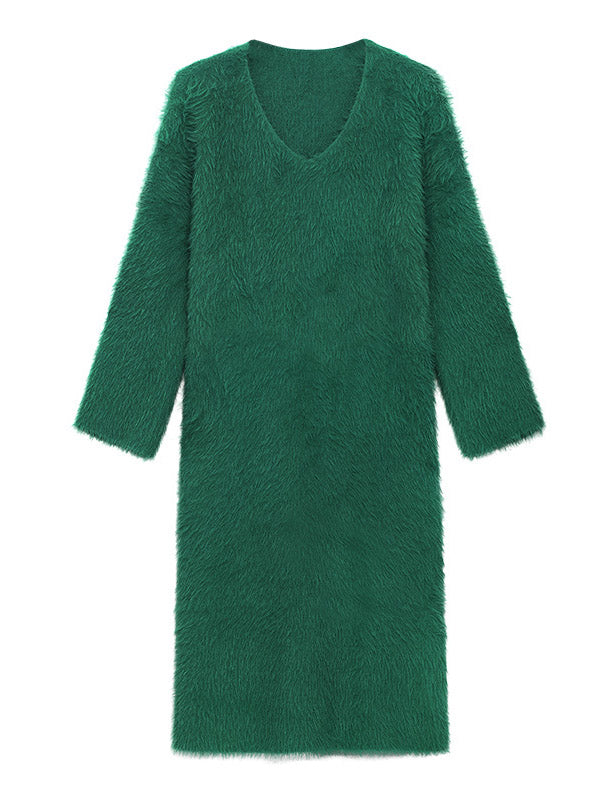 Original Pure Color V-Neck Long Sleeves Sweater Dress
