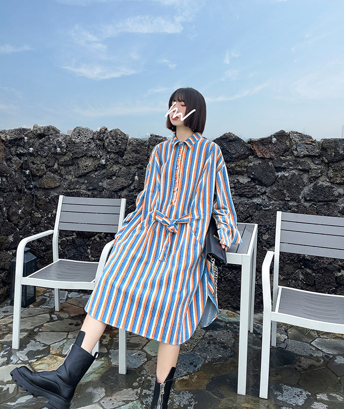 Loose Striped Belted Irregular Shirt Dress