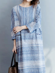 Horizontal Striped Back Button Midi Dress