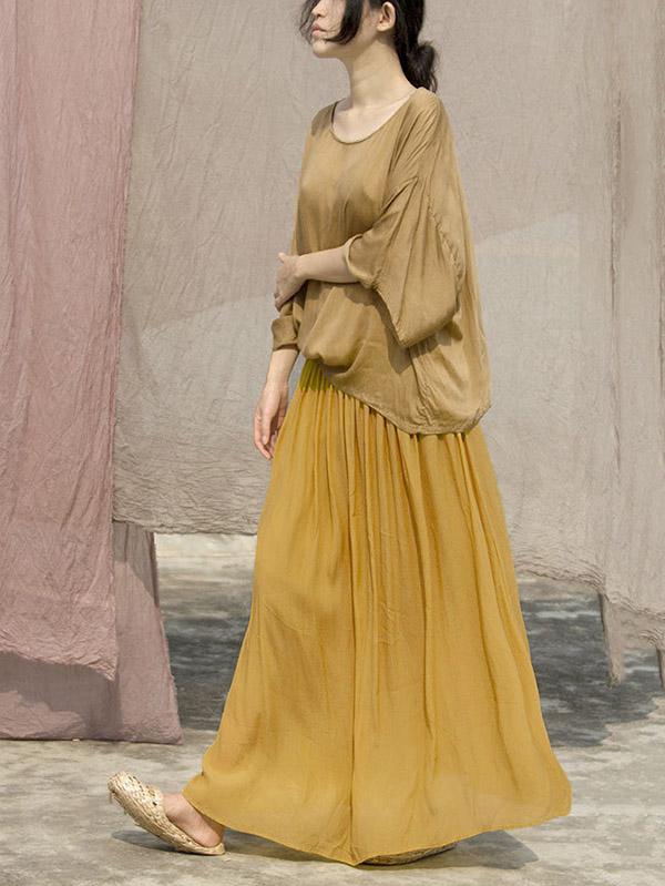 Ginger Yellow Elastic Waist Ice Silk Pleated Skirt