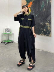 Short Sleeves Slim Color Block Jumpsuit