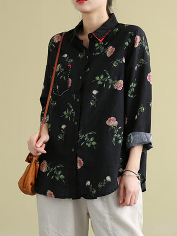 Artistic Retro Floral Shirt Blouse Tops