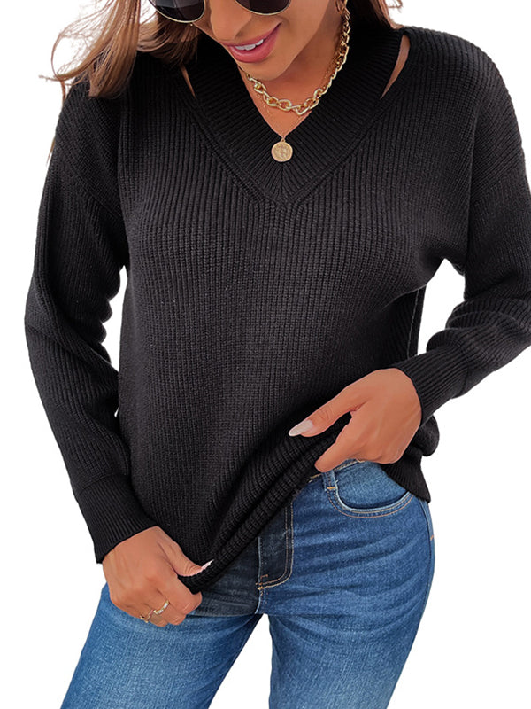 Classic Solid Color Knit V-Neck Sweater