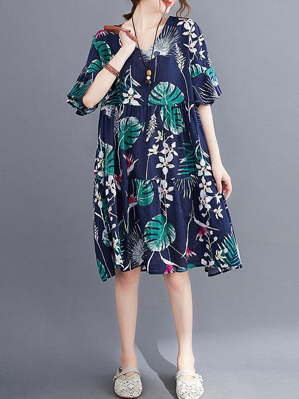 Fashion 2 Colors Printed V-Neck Dress