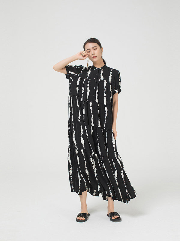 Stand Collar Short Sleeves Printed Maxi Dress