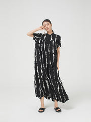 Stand Collar Short Sleeves Printed Maxi Dress