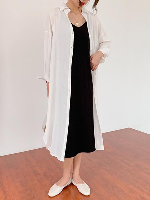 Loose Solid Ramie Cotton Shirt Dress