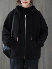 Causal Solid Zipper Hooded Coat