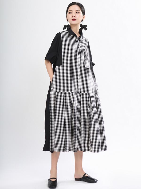 Plaid Splicing False-Two Pleated Dress