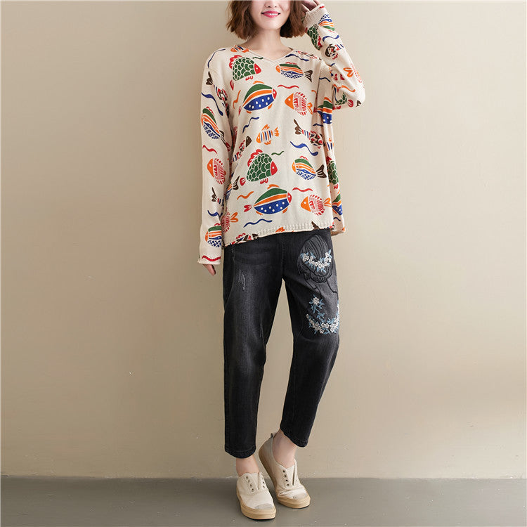 Women Retro Print Loose Knit Sweater