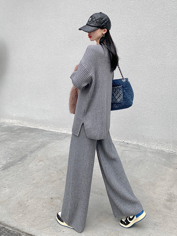 Simple Solid Color Sweater And Trousers Two-Piece Set