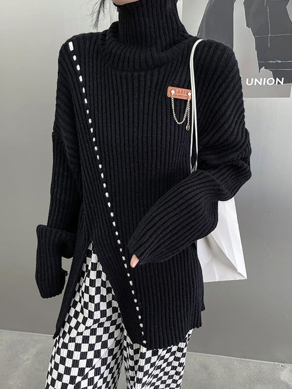 Loose Solid Color High-Neck Split Sweater