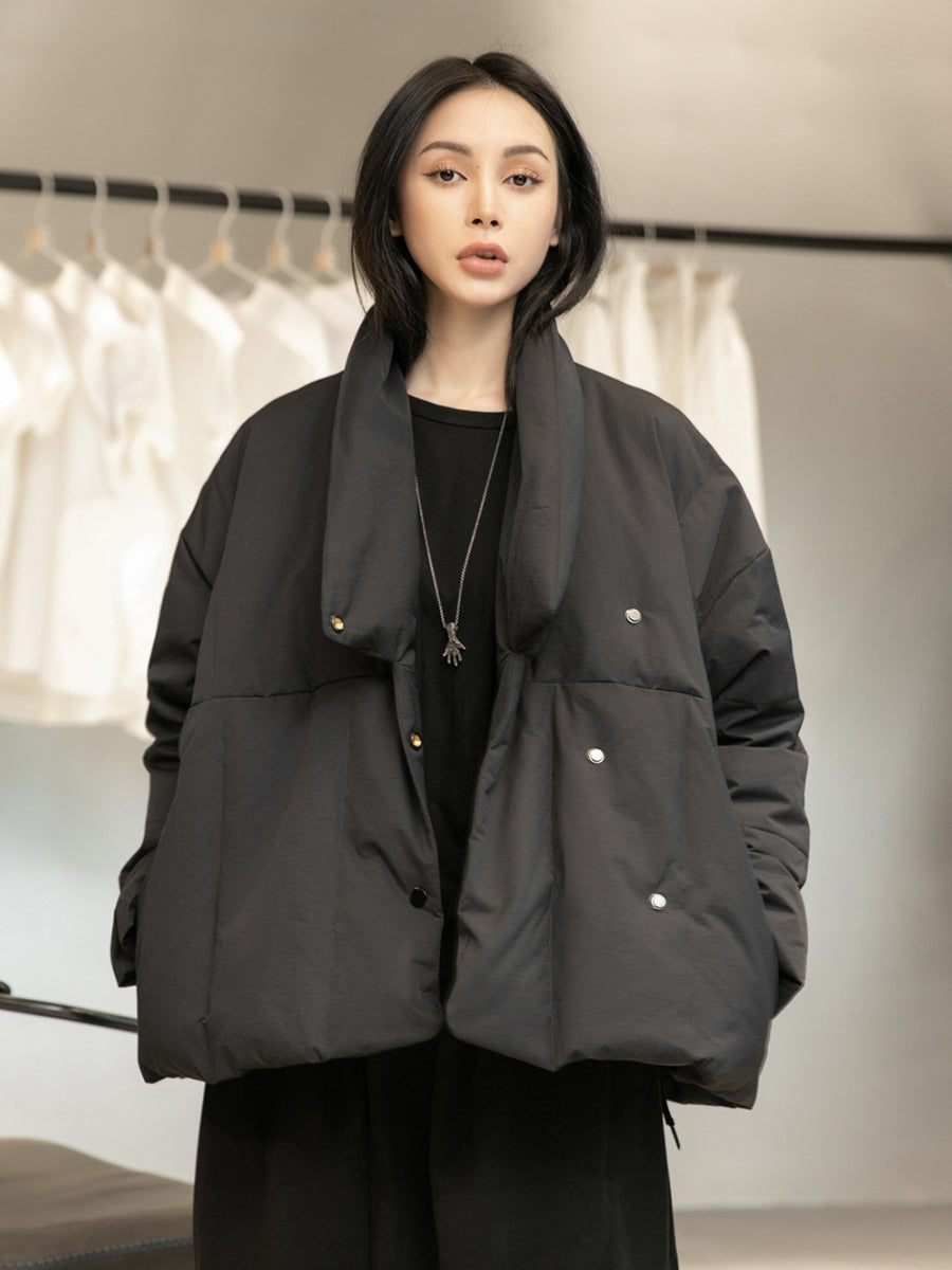 Simple Black Retro Irregular Down Jacket
