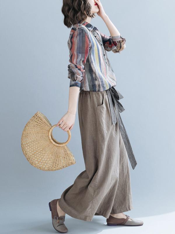 Lapel Striped Blouse&Solid Wide Leg Pants Suits