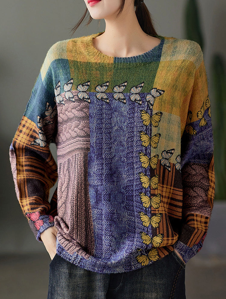 Retro Contrast Color Print Knit Round Neck Sweater