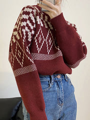 Women Retro Contrast Color Casual Sweater