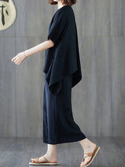 Women Solid Color High Waist Casual Loose Two-Piece Suit