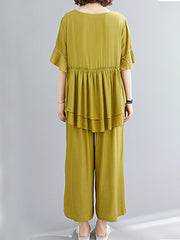 Two Pieces Loose Solid Blouse And Wide Leg Pants