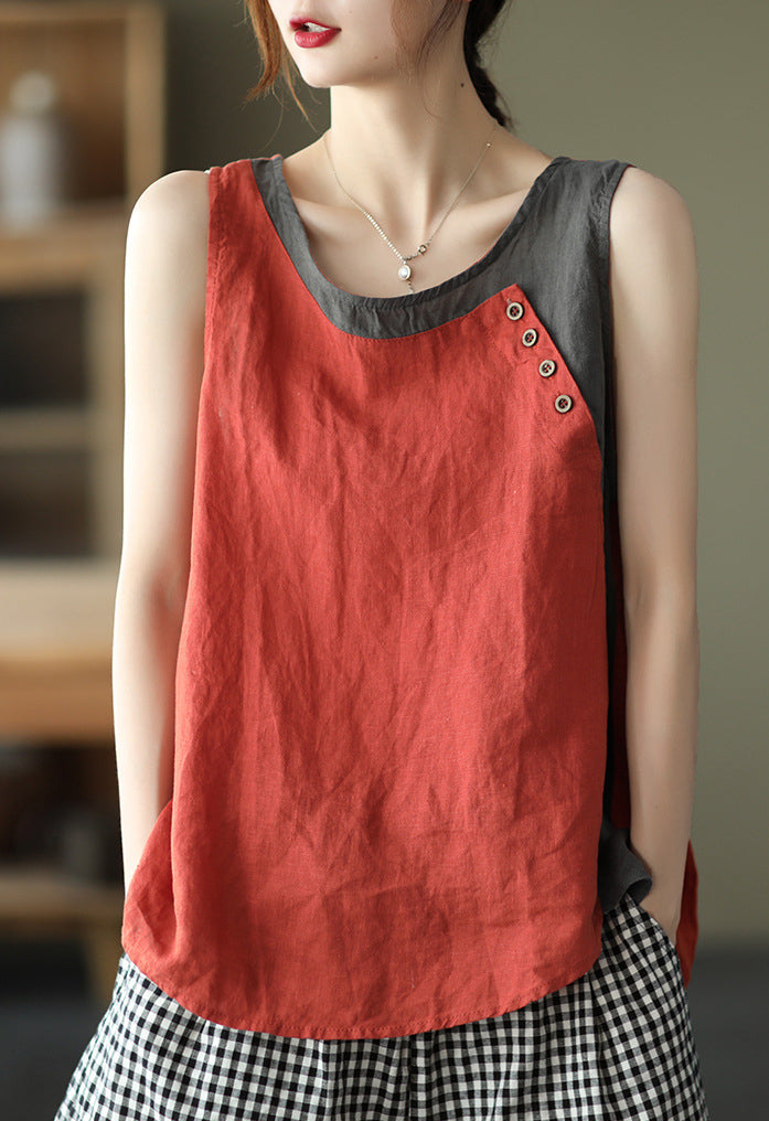 Round Neck Split-Joint Contrast Color Vest Top