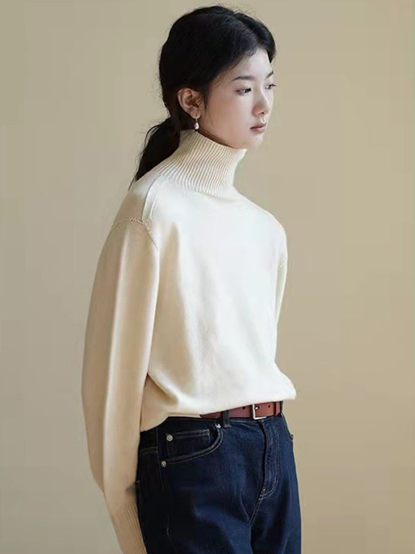 Retro Loose Solid Color High-Neck Sweater