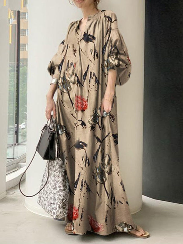 Simple Printed V-Neck Casual Maxi Dress