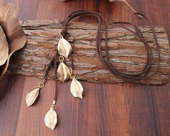 Alloy Leaf Shape Pendant Leather Cord Necklace